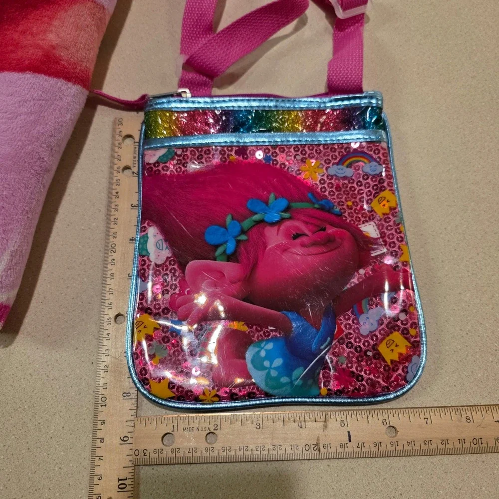 DreamWorks Trolls Poppy Crossbody Purse & Throw Blanket Pink Sequin Rainbow